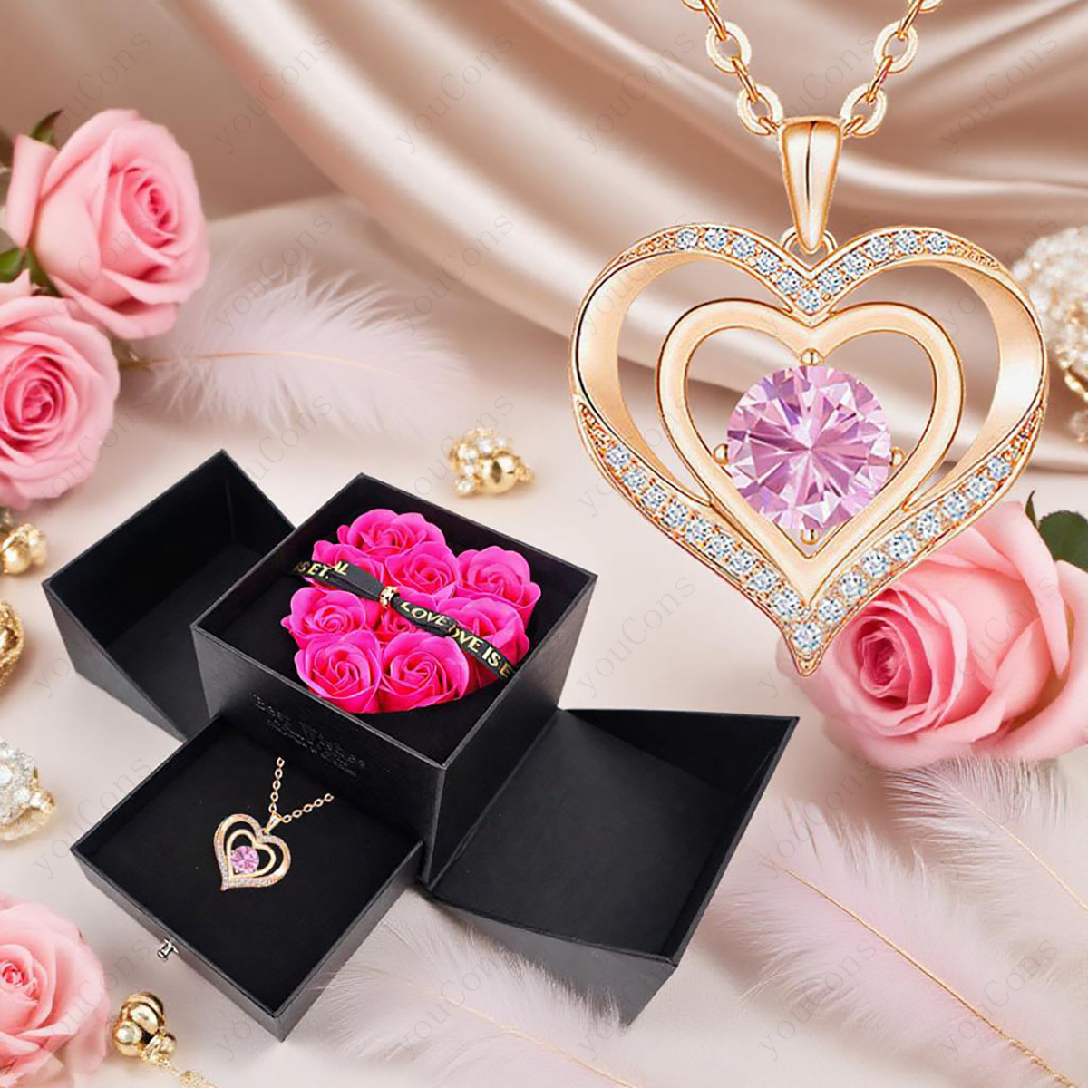 Women's Pink Synthetic Zirconia Birthstone Necklace Gift Box